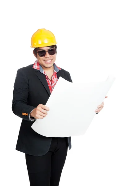 Asian engineer man hold blueprint and smile — Stock Photo, Image