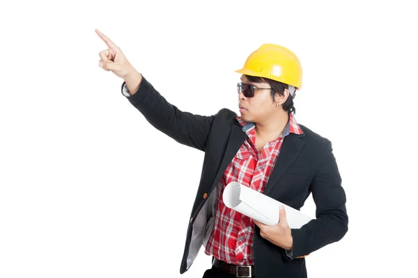 Asian engineer man point up — Stock Photo, Image