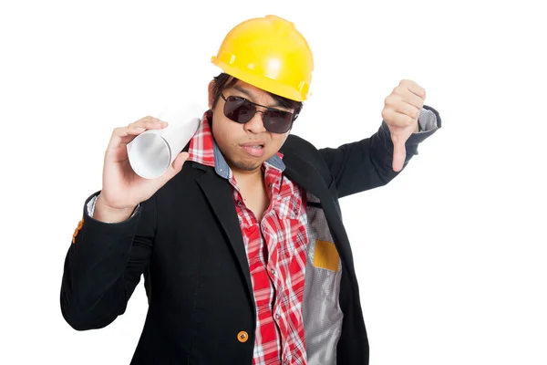 Asian engineer man with his thumb down — Stock Photo, Image