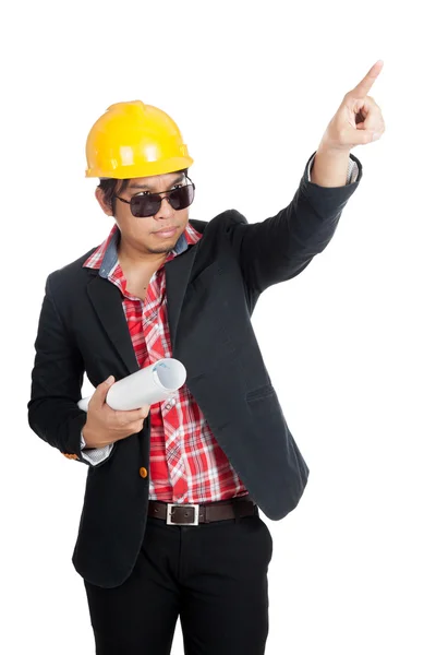 Angry Asian engineer man point up — Stock Photo, Image