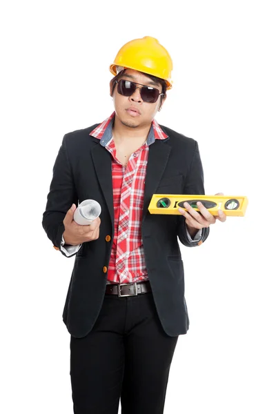 Asian engineer man hold spirit level — Stock Photo, Image
