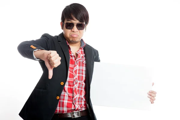 Asian man thumbs down with blank sign — Stock Photo, Image