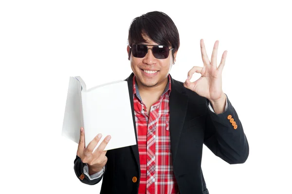 Asian man happy read a book show OK sign — Stock Photo, Image