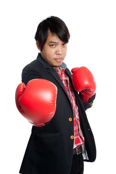 Asian man wear boxing gloves ask to fight — Stock Photo, Image