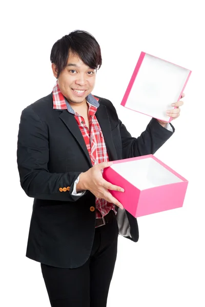 Happy Asian man open a blank gift box — Stock Photo, Image