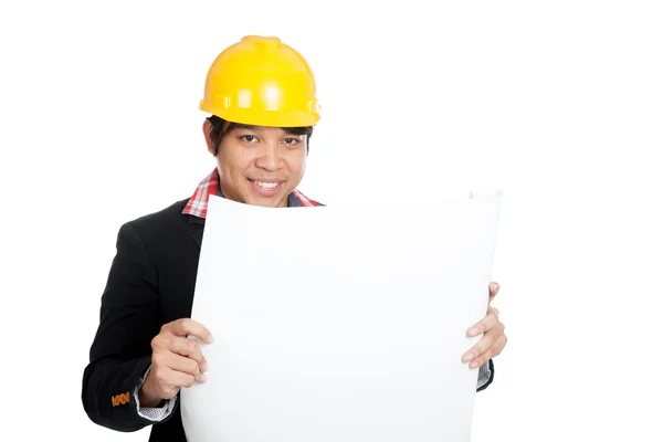 Asian engineer man with blueprint — Stock Photo, Image