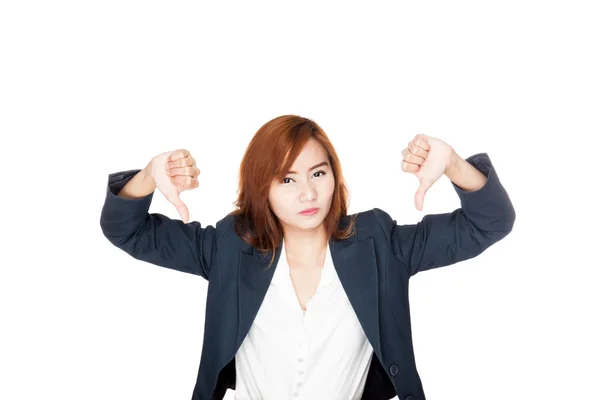 Glücklich asiatische Büro Mädchen zeigen Daumen nach unten mit beiden Händen — Stockfoto