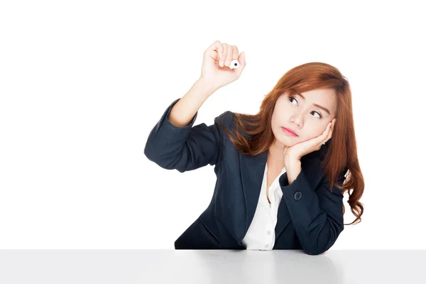Asian office girl bored chin to hand write in the air — Stock Photo, Image