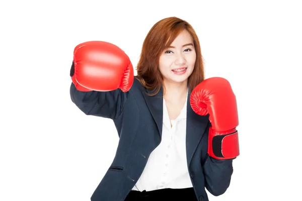 Happy Asian businesswoman punch with boxing glove — Stock Photo, Image