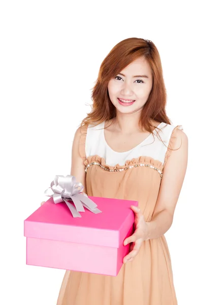 Asian girl give a gift box — Stock Photo, Image