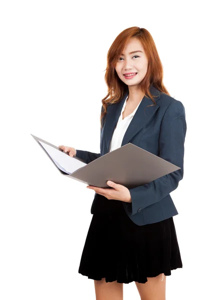 Asian office girl open a folder and smile — Stock Photo, Image