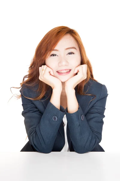 Beauty Asian office girl smile resting her chin on hand — Stock Photo, Image