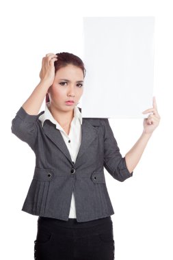 Asya iş kadını baş ağrısı tutun dikey bir boş işaret