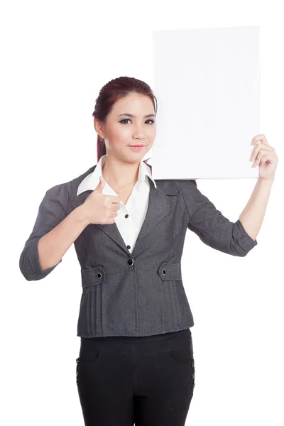 Asiática mujer de negocios pulgares arriba mantenga un signo en blanco vertical —  Fotos de Stock