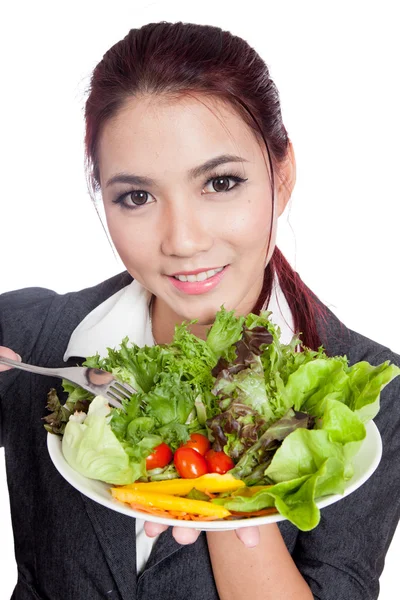 Asiática mujer de negocios comer ensalada — Foto de Stock