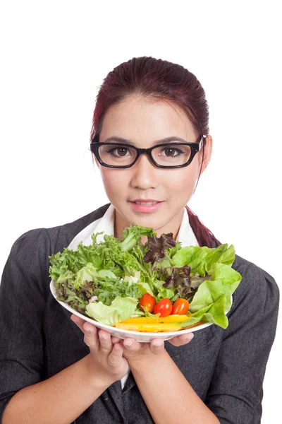 Asian business woman smile with salad bowl — Stock Photo, Image