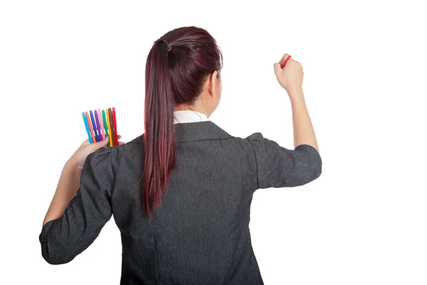 Asian business woman write with color pen on whiteboard — Stock Photo, Image