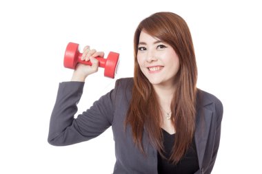 Asya işkadını mutlu bir el ile bir halter kaldırma