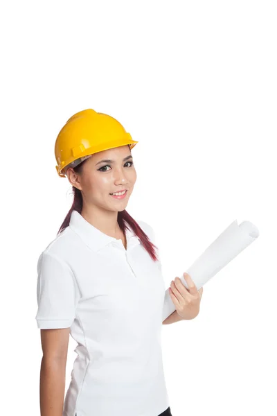 Asian engineer girl hold a blueprint and smile — Stock Photo, Image