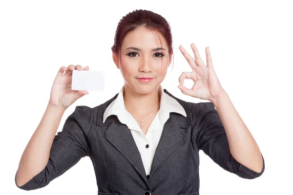 Happy Asian businesswoman show OK sign and blank card — Stock Photo, Image