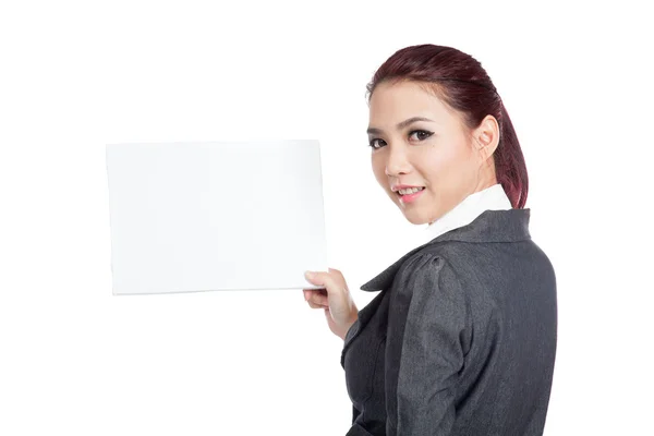 Asiática mujer de negocios vuelta atrás mostrar un blanco signo —  Fotos de Stock