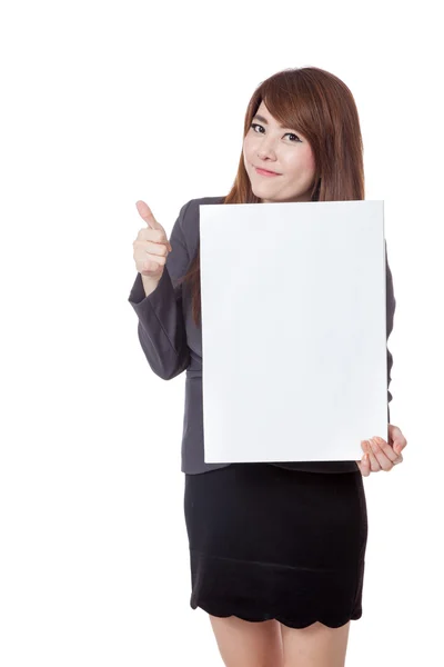 Asian businesswoman  thumbs-up with a vertical  blank sign — Stock Photo, Image