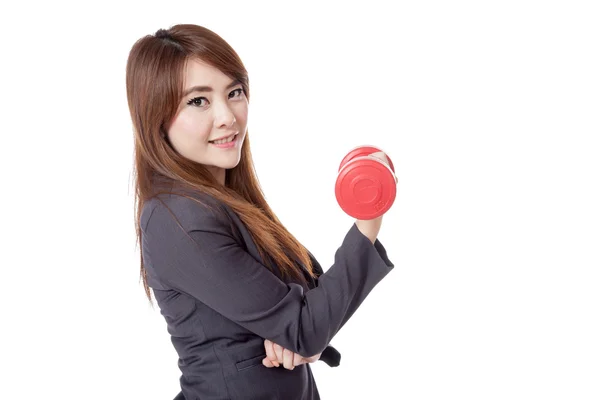 Side of Asian businesswoman happy lift a dumbbell with a hand — Stock Photo, Image