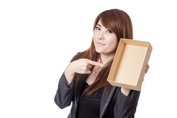 Asiático mujer de negocios punto a vacío caja — Foto de Stock