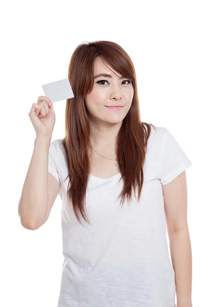 Asian girl show a white card and smile — Stock Photo, Image