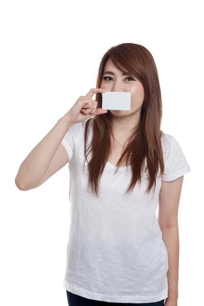 Asian girl close her mouth with a blank card — Stock Photo, Image