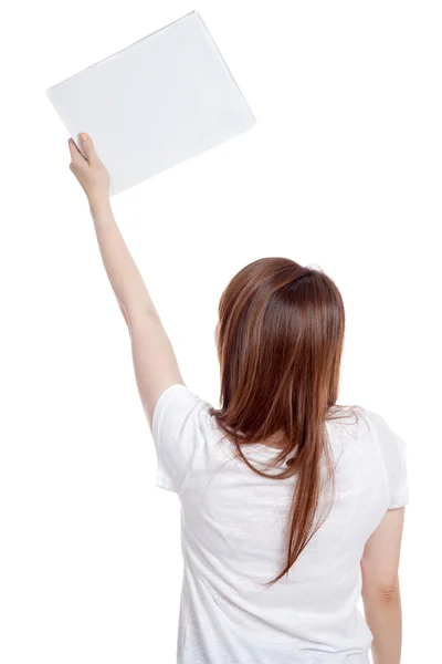 Back of Asian girl hold blank sign — Stock Photo, Image