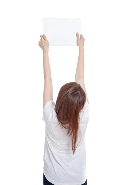 Back of Asian girl hold blank sign with both hands — Stock Photo, Image