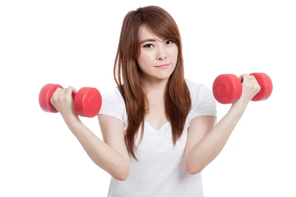 Feliz asiático chica hold dumbbells con ambos mano — Foto de Stock