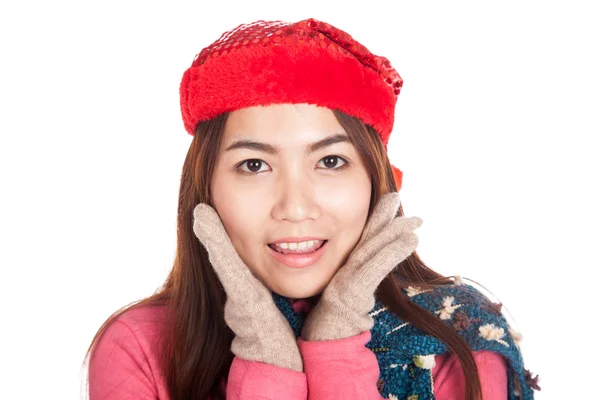 Close up of happy Asian girl with red christmas hat — Stock Photo, Image