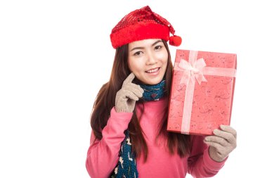 Asian girl with red christmas hat show a gift box