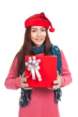 Asian girl with red christmas hat show a gift box