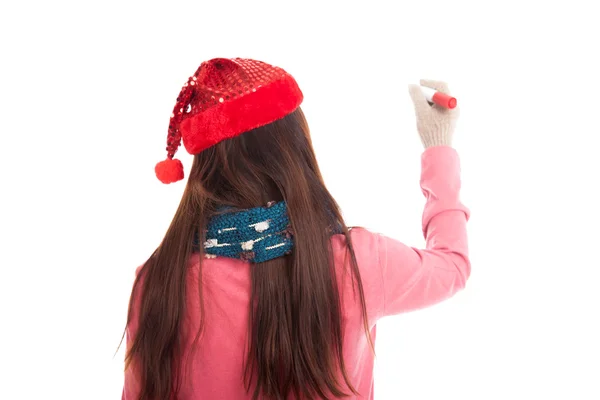 戻ってクリスマスの帽子とアジアの女の子の赤ペンで書き込む — ストック写真