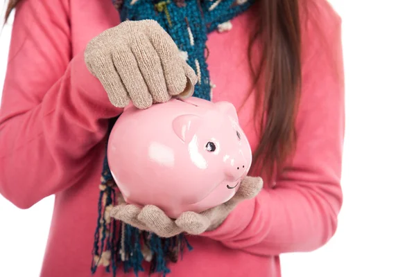 Asian girl with red christmas hat ,coin and piggy bank — Stock Photo, Image