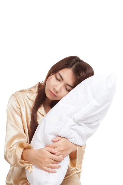 Asian girl  wake up  sleepy and drowsy with pillow — Stock Photo, Image