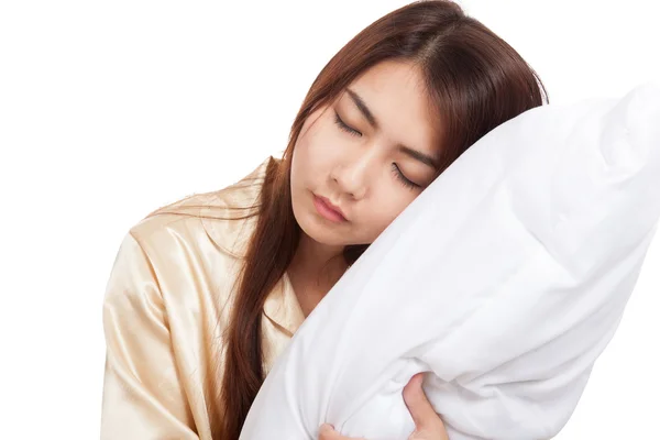 Asian girl  wake up  sleepy and drowsy with pillow — Stock Photo, Image