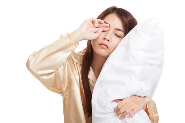 Asian girl  wake up  sleepy and drowsy with pillow — Stock Photo, Image