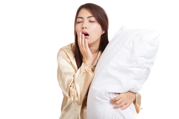 Asian girl  wake up  sleepy and drowsy with pillow — Stock Photo, Image