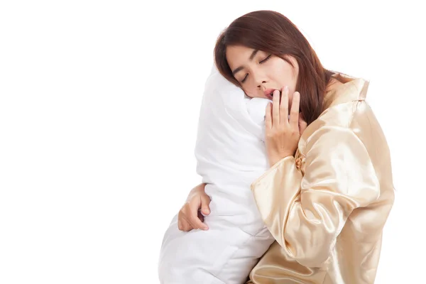 Yawn Asian girl  wake up  sleepy and drowsy with pillow — Stock Photo, Image