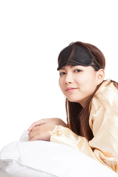 Happy Asian girl with eye mask wake up and smile — Stock Photo, Image