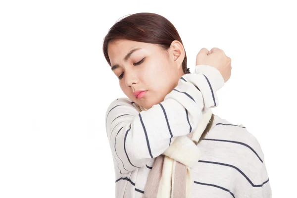 Beautiful Asian girl with scarf got back pain — Stock Photo, Image