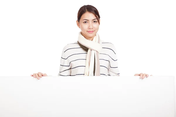 Beautiful Asian girl with scarf and blank sign — Stock Photo, Image