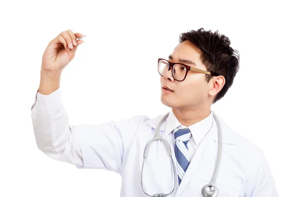 Asian male doctor with serious face look at  thermometer — Stock Photo, Image