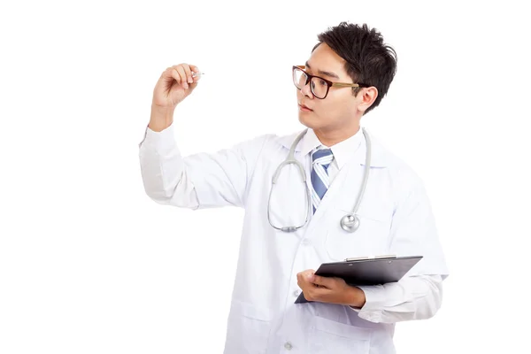 Asian male doctor hold clipboard and thermometer — Stock Photo, Image