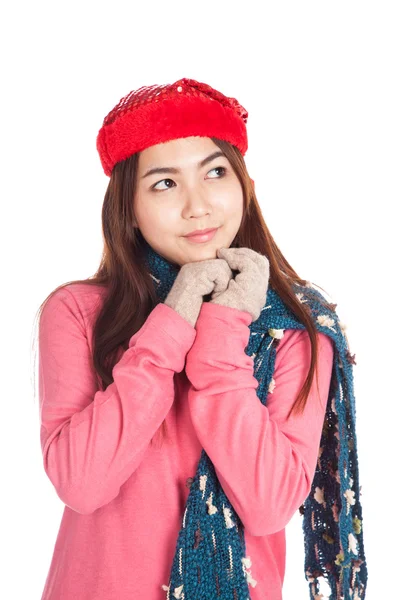 Asian girl with red christmas hat thinking of something — Stock Photo, Image