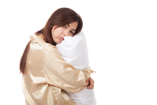 Asian girl  wake up  sleepy and drowsy with pillow — Stock Photo, Image